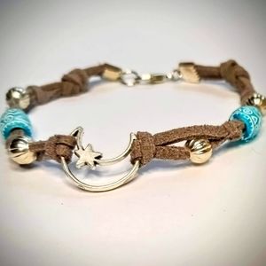 Mystic Silver Cresent Moon & Blue Suede Leather Ankle Bracelet